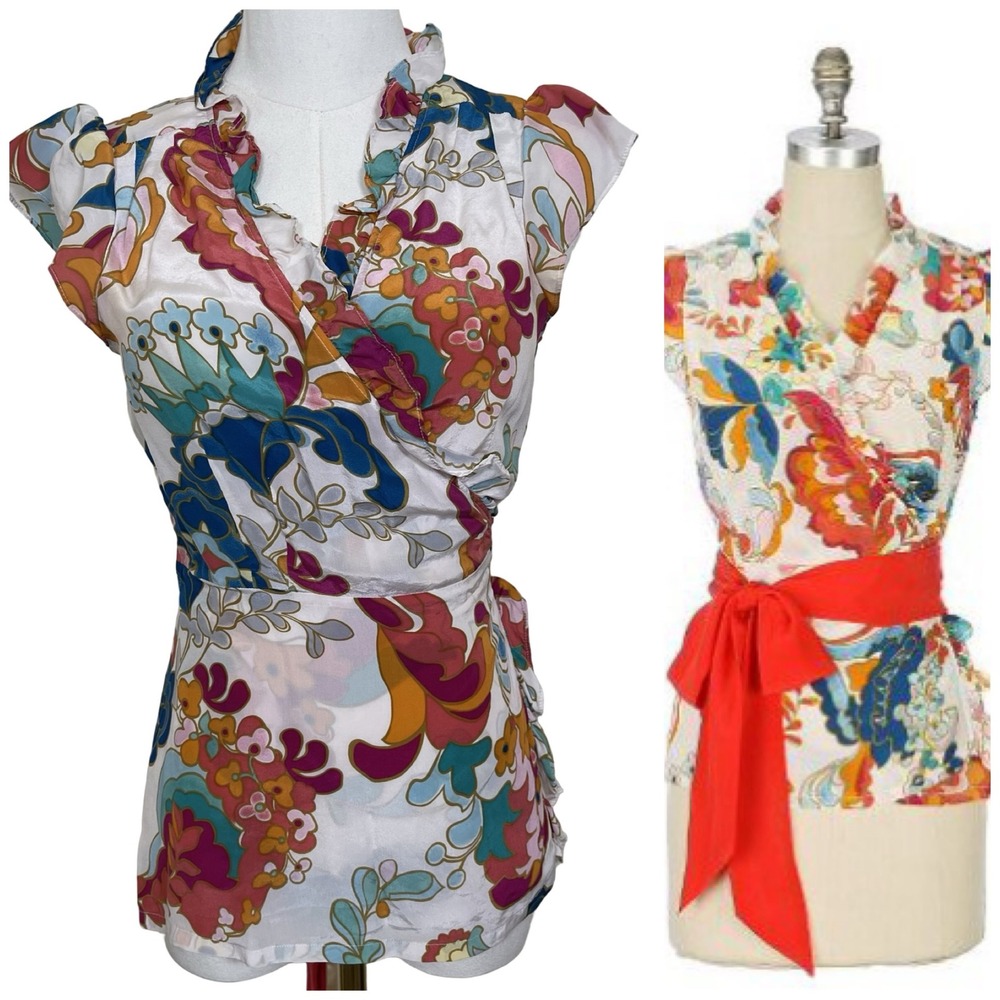 Odille Anthropologie Silk Wrap Blouse 6 Asian Floral Flutter Sleeve Romantic